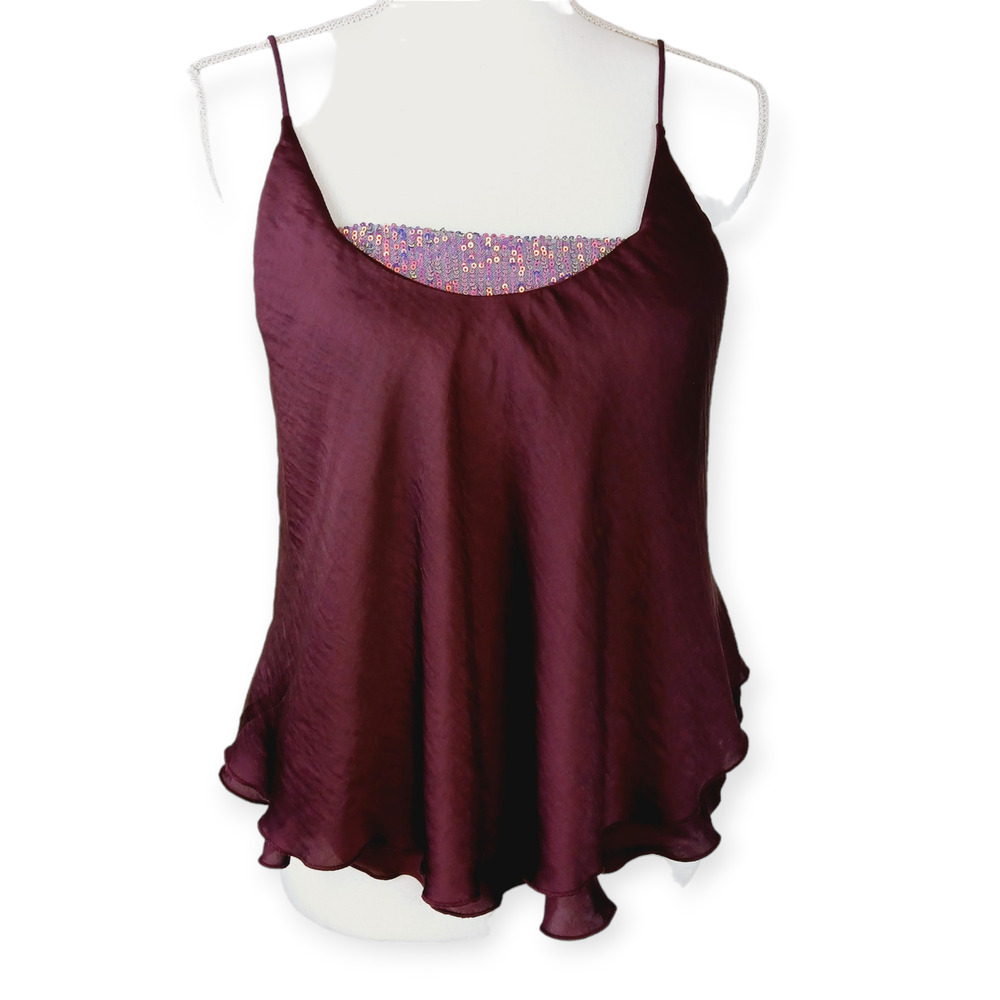 Free People SZ M Turn It On Cami Merlot Sequin Embellished Inset OB1064843 - Picture 3 of 8